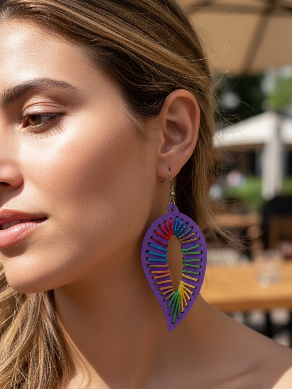 Vibrant Purple Teardrop Earrings with Rainbow Thread Detailing